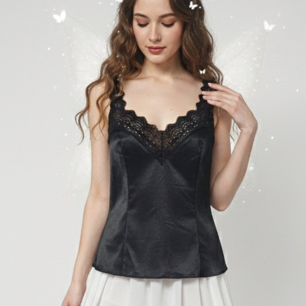 Vintage Olga Secret Hug Cami Tank Black Satin Lace Fairy Whimsigoth 34